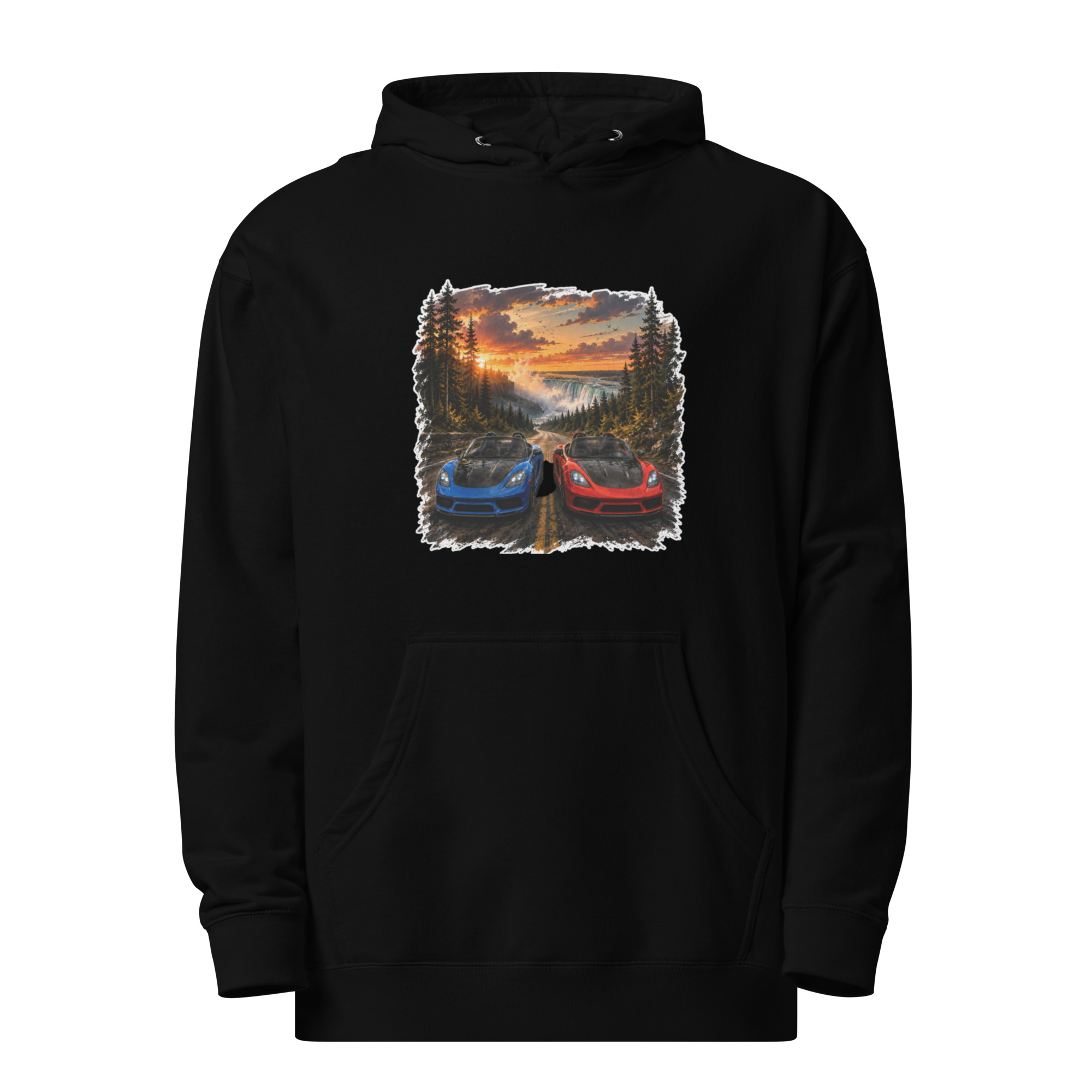 Black hoodie with a sunset illustration of two toy cars