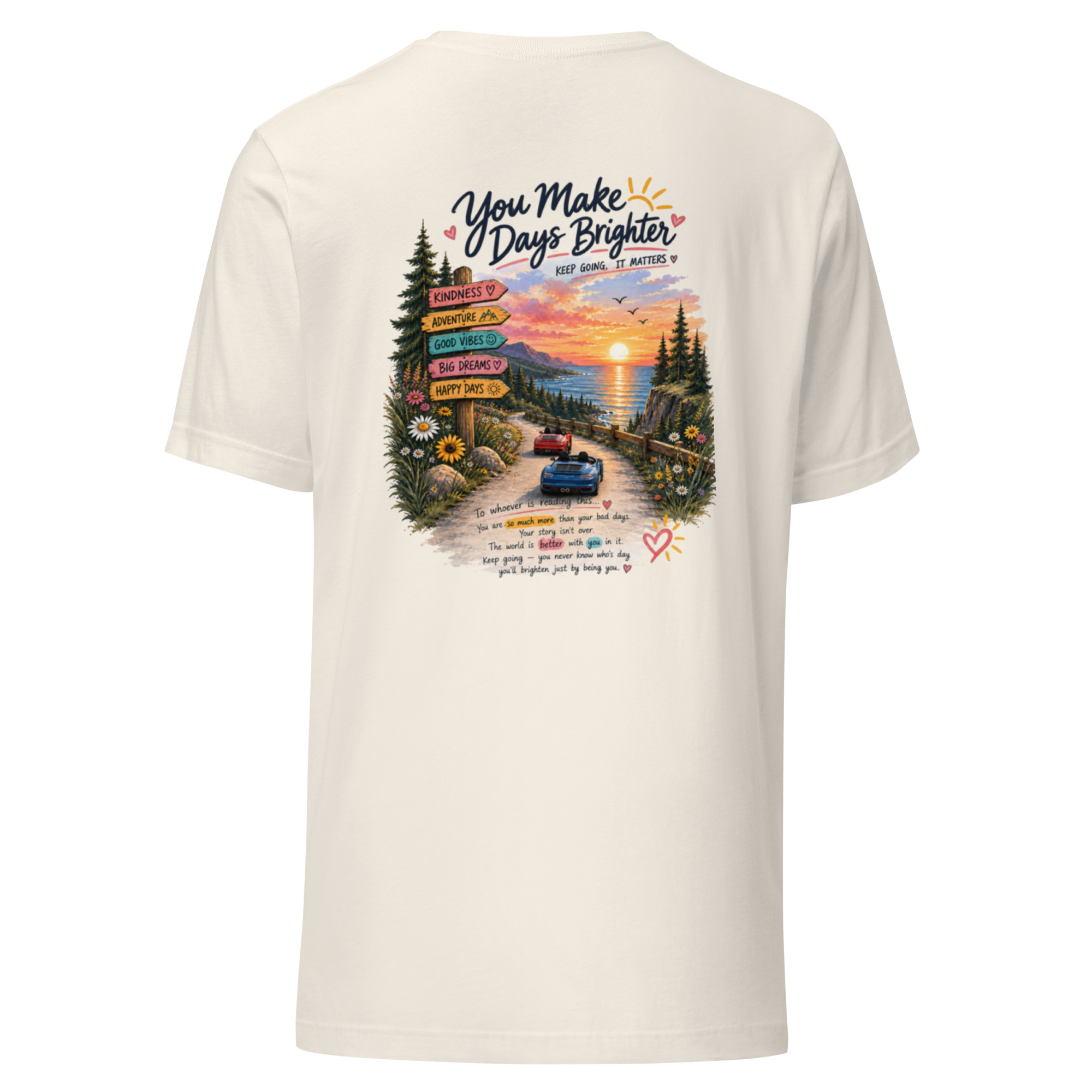 Back of the vintage white T-shirt, showing an adventure signpost and sunset artwork