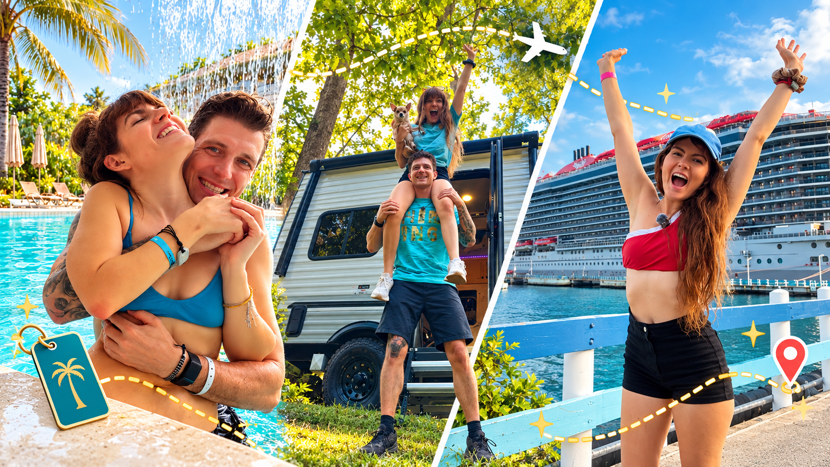 Cassie laughing by a resort pool, sitting on a camper trip with her dog, and cheering on a cruise ship pier, with a dotted flight path and a red map pin