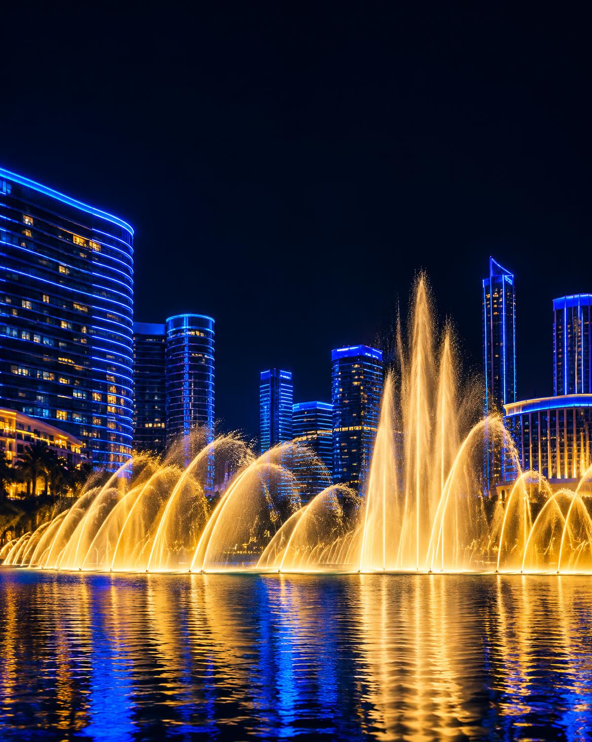 Illustrated Las Vegas skyline with golden fountain lights at night